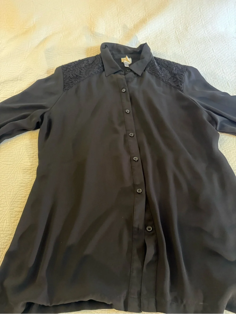 Chico's Black Lace-Shoulder Button-Down Blouse